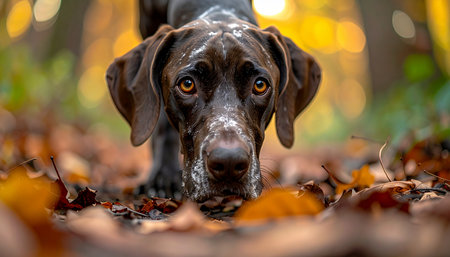With an intense and curious gaze, a German Shorthaired Pointer tracks a scent through a sun-dappled autumn forest. The crisp fall leaves crunch underfoot as the focused hunting dog stays low to the ground, embodying concentration and natural instinct.の素材