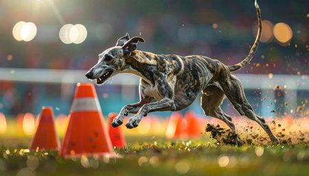 Under the bright stadium lights, a powerful brindle greyhound explodes across the track, muscles coiled in a display of pure speed and focus. Kicking up dirt with every powerful stride, it navigates the course with incredible agility, a perfect embodiment of athletic grace and determination.の素材