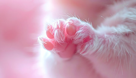 A macro photograph capturing the delicate, tiny pink paw of a newborn kitten. Bathed in soft, warm light against a gentle pink background, this image evokes feelings of innocence, new beginnings, and the tender bond of new life. The detail of the tiny pads and claws highlights the vulnerability and preciousness of a brand new animal.の素材