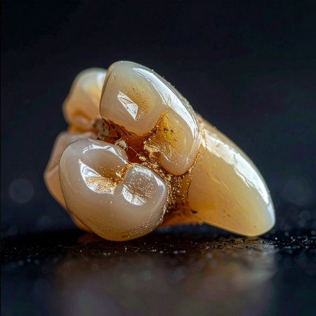 A detailed macro photograph captures an extracted human molar tooth, isolated against a stark black background. The image highlights the complex anatomy of the roots and the texture of the enamel, serving as a powerful visual for dental, medical, and scientific concepts related to oral health, surgery, and human biology.の素材