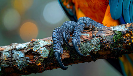 A detailed macro shot captures the intricate, scaly texture of a parrots powerful claw gripping firmly onto a moss-covered branch. The vibrant, out-of-focus plumage in the background creates a beautiful bokeh, highlighting the raw beauty and strength found in the details of wildlife.の素材