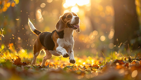 A happy beagle bounds through a sun-drenched autumn forest, its ears flying back in pure joy. Bathed in the warm glow of the golden hour, the energetic dog kicks up fallen leaves, embodying a perfect moment of freedom and playful adventure in the great outdoors.の素材