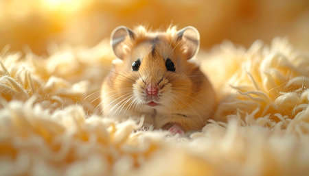 A tiny, adorable hamster awakens in its soft, fluffy bedding, bathed in the warm, golden glow of morning sunlight. This peaceful and cozy scene captures a moment of pure contentment and innocence, perfect for themes of comfort, home, and gentle new beginnings.の素材