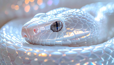 A stunning macro view of an ethereal white snake, its scales shimmering with a pearlescent, holographic light. The creatures mesmerizing eye and intricate texture evoke a sense of rare beauty, magic, and otherworldly elegance against a soft, glowing bokeh background.の素材