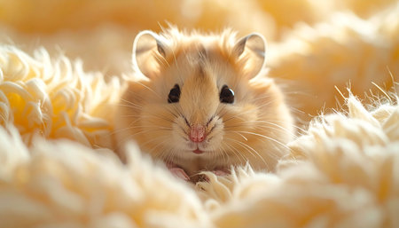 A tiny golden hamster awakens in its soft, fluffy bed, peeking out with curious eyes. Bathed in warm morning light, this adorable pet embodies a sense of comfort, innocence, and the simple joys of a cozy home.の素材