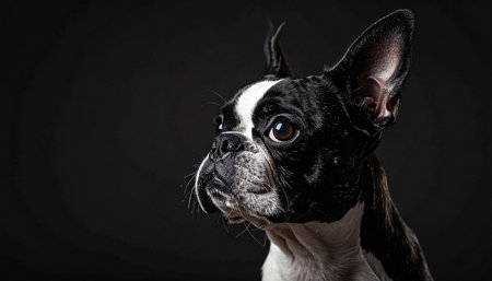 A stunning studio portrait of an elegant Boston Terrier, captured in a moment of quiet contemplation. The dramatic, low-key lighting highlights the dogs intelligent expression and classic features against a deep black background, conveying a sense of nobility and loyal companionship.の素材