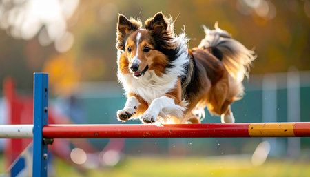 A beautiful Shetland Sheepdog, illuminated by the warm glow of the setting sun, soars gracefully over a hurdle. With intense focus and athletic precision, the dog demonstrates its skill and training during an exciting agility competition, embodying a spirit of determination and joyful partnership.の素材