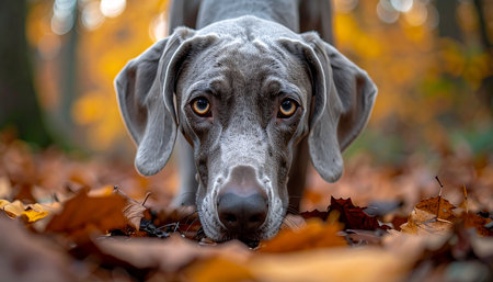 A young Weimaraner with soulful eyes pauses during a walk, its nose close to the ground, exploring the rich scents of the forest floor. The crisp autumn air and a carpet of fallen leaves create a serene and contemplative moment of canine curiosity.の素材