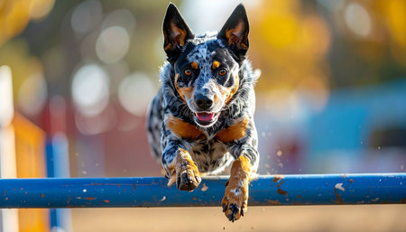 With intense focus and athletic grace, a beautiful Australian Cattle Dog soars over an agility jump. This image captures a moment of peak performance, showcasing the intelligence, training, and joyful spirit of a canine athlete in action.の素材