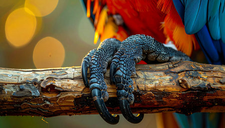 In a stunning close-up, the powerful and textured claws of an exotic macaw grip firmly onto a rustic wooden branch. The background melts into a warm, magical bokeh of lights, highlighting the strength and intricate detail of the birds grasp.の素材