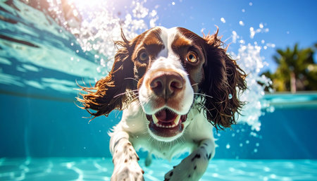 A joyful English Springer Spaniel dives into the cool, clear water of a swimming pool on a bright summer day. With an excited expression and paws paddling, this energetic pet enjoys a refreshing moment of pure happiness, captured from a unique underwater perspective.の素材