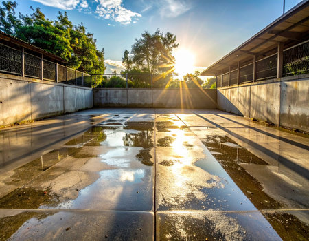 After a passing shower, the morning sun breaks over the horizon, casting a brilliant golden light across a wet concrete courtyard. The puddles on the ground create a perfect mirror, reflecting the hopeful sky and signaling the start of a fresh, new day in the city.の素材
