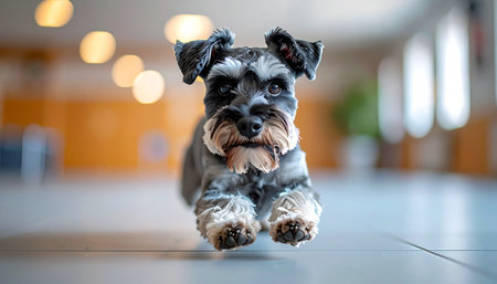 A joyful Miniature Schnauzer, full of life, bounds directly towards the camera through a modern home. This action shot captures a moment of pure, unadulterated canine happiness and energetic playfulness in a warm, loving environment.の素材