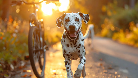 A joyful Dalmatian with a wide smile runs enthusiastically towards the camera along a path during a beautiful golden hour sunset. The warm, glowing light backlights the energetic dog, creating a feeling of pure happiness, freedom, and the simple joys of an active life with a beloved pet.の素材