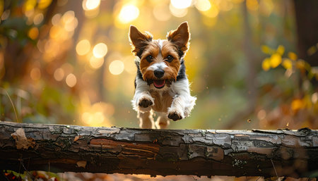 A spirited Yorkshire Terrier, full of life and energy, leaps gracefully over a fallen log during an autumn adventure. Bathed in the warm, golden light of a setting sun, this playful moment captures the pure joy and freedom of a pet exploring the beauty of nature.の素材