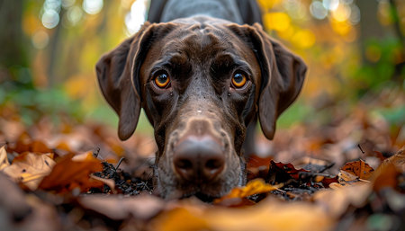 A focused German Shorthaired Pointer with intense amber eyes pauses its hunt, its nose deep in a pile of vibrant autumn leaves. The crisp fall air and the earthy scent of the forest floor create a powerful scene of natural instinct and seasonal beauty.の素材