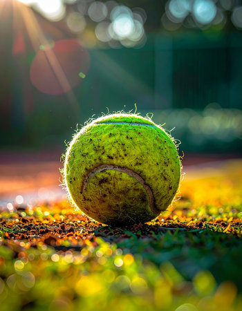 A lone tennis ball rests on the court, bathed in the warm, golden light of a setting sun. The fuzzy texture is highlighted by the backlight, suggesting the end of a hard-fought match and a quiet moment of reflection on the game.の素材