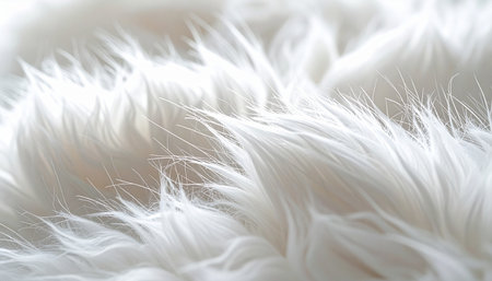 A dreamy macro photograph capturing the delicate and ethereal texture of soft white fur. The gentle, feather-like strands create a sense of pure comfort, warmth, and tranquility, making it an ideal background for concepts of luxury, coziness, and serene beauty.の素材