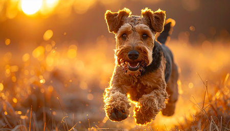 An energetic Welsh Terrier leaps with pure joy through a sun-drenched meadow. Bathed in the warm, golden light of a beautiful sunset, this happy pup embodies freedom, vitality, and the simple pleasures of an active outdoor life.の素材