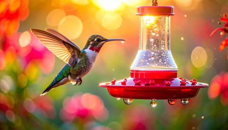 A tiny hummingbird, a jewel of nature, pauses in its rapid flight. The warm, golden light of a setting sun illuminates its iridescent feathers as it approaches a feeder, a moment of tranquility and beauty in a vibrant garden.の素材