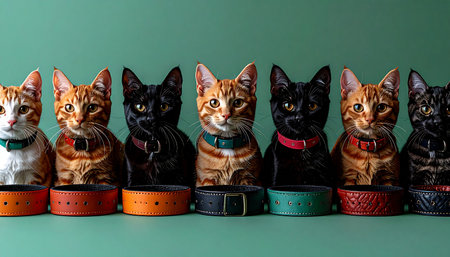 A diverse lineup of seven ceramic cat busts, each with a unique coat and collar, stands at attention. Lined up perfectly against a solid green background with their bowls ready, they seem to be patiently waiting, showcasing a blend of individuality and uniformity in a charming collection.の素材