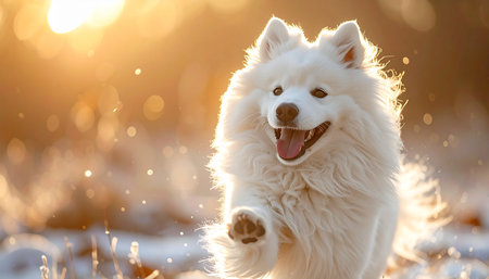 A beautiful white Samoyed dog joyfully runs through a field, its fluffy fur illuminated by the warm, golden light of a setting sun. This image captures a moment of pure happiness, energy, and freedom in nature.の素材