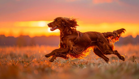 An elegant Irish Setter joyfully leaps through a meadow, its coat glowing in the warm, golden light of a spectacular sunset. This image captures a moment of pure freedom, energy, and the beautiful bond between nature and a beloved pet.の素材