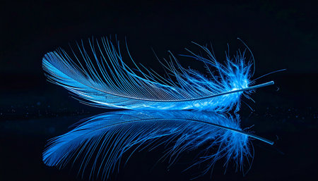 A single, delicate feather glows with an ethereal blue light against a deep black void. Its perfect reflection on the smooth surface below creates a sense of serene balance and mystery, evoking themes of tranquility, technology, and the fragile beauty of nature.の素材