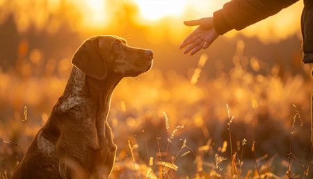 In the warm, ethereal glow of a golden hour sunset, a loyal dog sits attentively, looking up at its owners outstretched hand. This serene moment captures the deep bond of trust, companionship, and unspoken communication between a human and their faithful canine friend in a beautiful outdoor setting.の素材