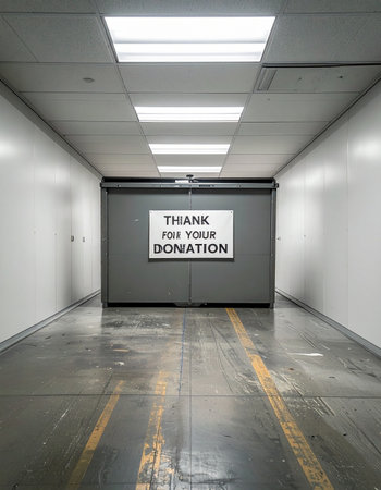 A stark, industrial corridor with worn concrete floors leads the eye toward a simple sign that reads THANK FOR YOUR DONATION. The minimalist, empty space evokes concepts of charity, social responsibility, and the quiet impact of giving.の素材