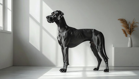 A majestic black Great Dane stands tall and proud in a minimalist room, its powerful silhouette defined by the morning sun streaming through a window. The play of light and shadow creates a serene and contemplative atmosphere, highlighting the dogs noble and gentle nature.の素材