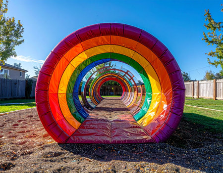 Step into a vibrant journey through a colorful inflatable rainbow tunnel set up in a sunny backyard. This playful passage represents a path to adventure, fun, and new beginnings, inviting a sense of wonder and excitement for what lies at the other end.の素材
