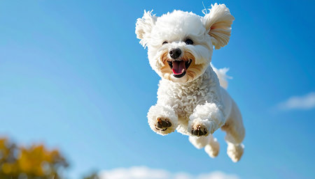 A small, fluffy white dog is captured in a moment of pure bliss, leaping high into the bright blue sky. With ears flying and a joyful expression, this energetic pet embodies the spirit of freedom, happiness, and carefree fun on a perfect sunny day.の素材