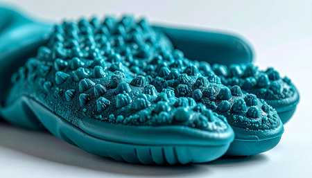 A macro view reveals the intricate, high-performance surface of a protective glove. The dense pattern of textured bumps is engineered for maximum grip and durability, showcasing innovation in material science for safety and control.の素材