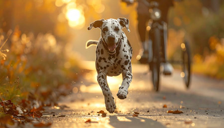 An energetic Dalmatian joyfully runs along a sun-drenched autumn path, keeping pace with its owner on a bicycle. This moment captures the pure bliss of outdoor adventure, companionship, and an active, healthy lifestyle during a beautiful golden hour.の素材