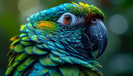 An extreme close-up captures the intense and intelligent gaze of a tropical macaw. Its iridescent feathers shimmer with vibrant shades of blue, green, and yellow, revealing the intricate beauty and wild spirit of the rainforests most majestic inhabitants.の素材