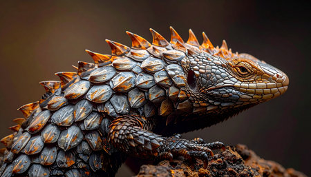 A detailed close-up captures the ancient and formidable presence of an armored lizard. Its intricate, spiky scales, reminiscent of a mythical dragon, create a powerful shield, symbolizing resilience, protection, and the raw beauty of natural evolution.の素材