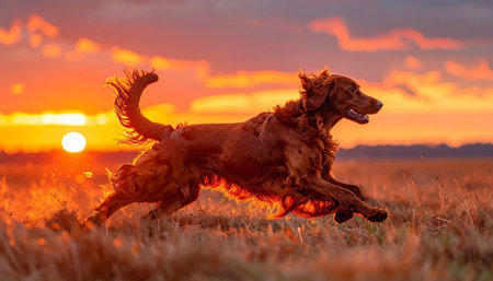 An energetic Irish Setter leaps with pure joy through a golden field as the sun sets on the horizon. The warm, glowing light catches its fur, highlighting a moment of freedom, vitality, and the beautiful bond between a pet and nature at the end of a perfect day.の素材