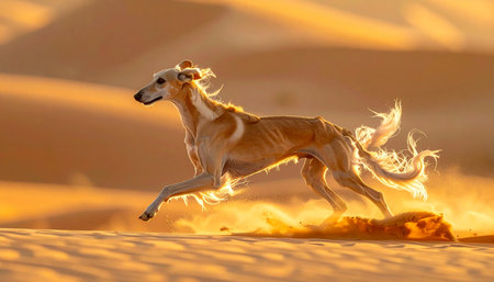 A majestic Saluki, the epitome of grace and speed, sprints across the vast desert landscape. Bathed in the warm, golden light of a setting sun, its powerful stride kicks up a cloud of sand, symbolizing freedom, endurance, and untamed natural beauty.の素材