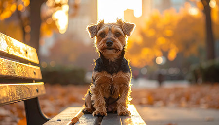A cute terrier dog sits patiently on a park bench, bathed in the warm, golden light of a beautiful autumn sunset. With a loyal and happy expression, it waits for its owner, embodying a moment of pure contentment and companionship amidst the falling leaves of the city park.の素材
