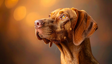 A stunning portrait of a noble Hungarian Vizsla, its intelligent eyes fixed on the horizon. Bathed in the warm, golden glow of a setting sun, this image captures a moment of quiet loyalty, devotion, and the deep bond between a dog and its companion.の素材