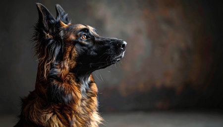 A stunning studio portrait of a noble long-haired German Shepherd. With an alert and intelligent expression, this loyal companion looks off-camera, embodying concepts of protection, duty, and unwavering friendship. The dark, moody background highlights its majestic profile.の素材