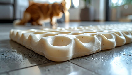 A close-up, low-angle view highlights the textured surface of a modern cat litter trapper mat, designed to keep floors clean. In the soft-focus background, a ginger cat walks by, suggesting a tidy and harmonious domestic scene where pet care solutions seamlessly integrate into the home.の素材