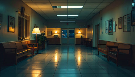 The long, silent hallway of a hospital stretches into the distance, illuminated by a mix of cold fluorescent lights and warm, solitary lamps. Reflections dance on the polished floor, amplifying the profound quiet and sense of waiting in the dead of night.の素材