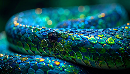 In the deep, shadowed jungle, a creature of living jewels lies coiled. Its iridescent scales, a mosaic of emerald and sapphire, shimmer with hidden light. A dark, intelligent eye watches from the stillness, a symbol of natures mysterious and captivating beauty.の素材