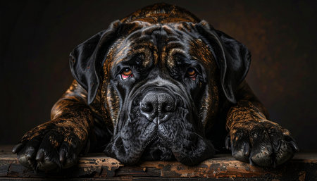 A powerful brindle mastiff rests with a soulful and contemplative gaze. This dramatic, low-key portrait captures the gentle giants quiet strength and loyal spirit, set against a dark, moody background.の素材