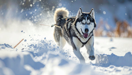 With focused intensity and pure joy, a powerful Siberian Husky in a harness charges through a pristine winter landscape. Kicking up a cloud of powdery snow with every stride, this determined sled dog embodies the spirit of adventure, endurance, and the untamed energy of the wild north.の素材