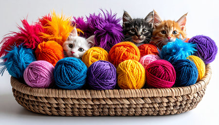 A delightful explosion of color and cuteness as a litter of curious kittens discovers a wicker basket filled with vibrant balls of yarn. Their playful antics create a scene of pure, chaotic joy.の素材