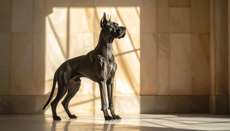 A majestic Great Dane stands tall and proud, its sleek coat illuminated by the warm, golden light streaming through a window. This quiet moment captures the dogs noble spirit and loyal presence, creating a feeling of peace and strength.の素材