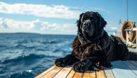 A majestic black Newfoundland dog rests peacefully on the warm wooden deck of a boat, enjoying the gentle sea breeze. With the open ocean ahead and a distant shoreline behind, this loyal companion embodies the spirit of adventure and tranquil travel.の素材